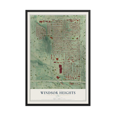 Map of Windsor Heights, Iowa, 12 x 18 inch print in a black wood frame