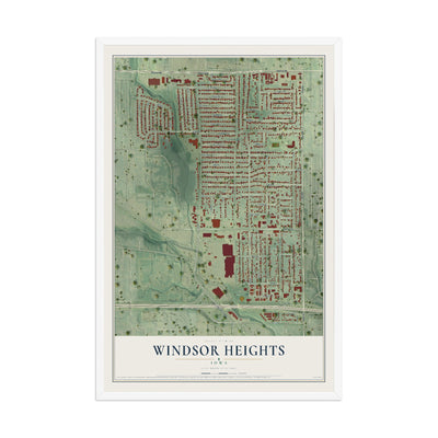 Map of Windsor Heights, Iowa, 12 x 18 inch print in a white wood frame