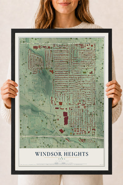 Map of Windsor Heights, Iowa, 18 x 24 inch print in a black wood frame