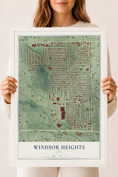 Map of Windsor Heights, Iowa, 18 x 24 inch print in a white wood frame
