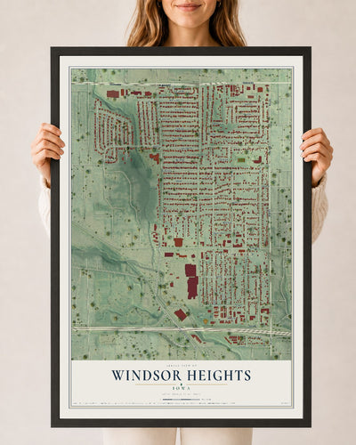 Map of Windsor Heights, Iowa, 24 x 36 inch print in a black wood frame