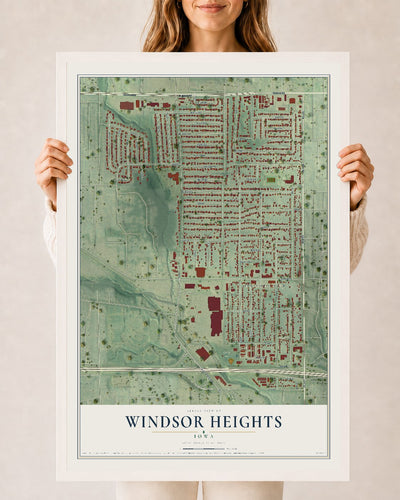 Map of Windsor Heights, Iowa, 24 x 36 inch print in a white wood frame