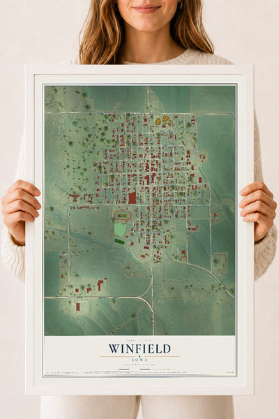 Map of Winfield, Iowa, 18 x 24 inch print in a white wood frame