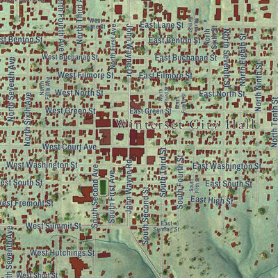 Close-up of the map of Winterset, Iowa print showing street and building detail