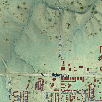 Second close-up of the map of Winterset, Iowa print showing more streets and buildings