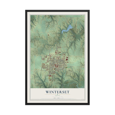 Map of Winterset, Iowa, 12 x 18 inch print in a black wood frame