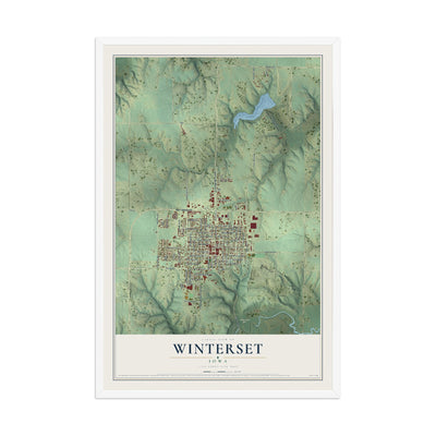 Map of Winterset, Iowa, 12 x 18 inch print in a white wood frame