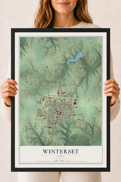 Map of Winterset, Iowa, 18 x 24 inch print in a black wood frame