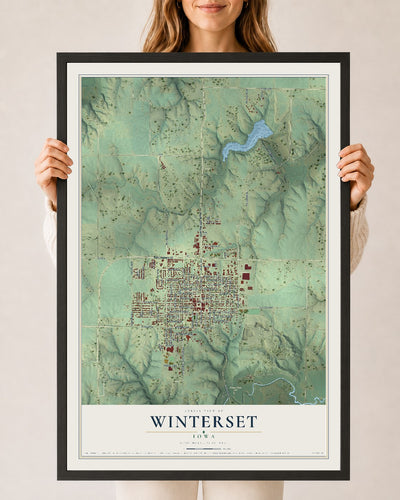 Map of Winterset, Iowa, 24 x 36 inch print in a black wood frame