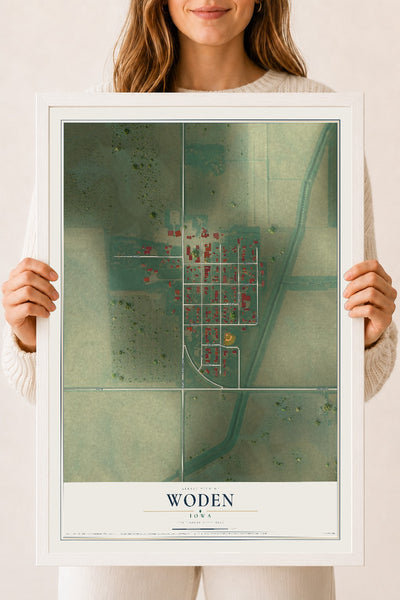 Map of Woden, Iowa, 18 x 24 inch print in a white wood frame