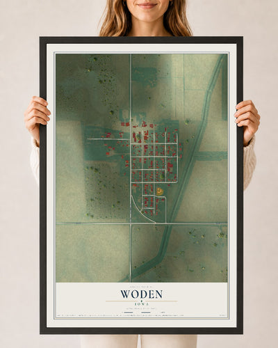 Map of Woden, Iowa, 24 x 36 inch print in a black wood frame