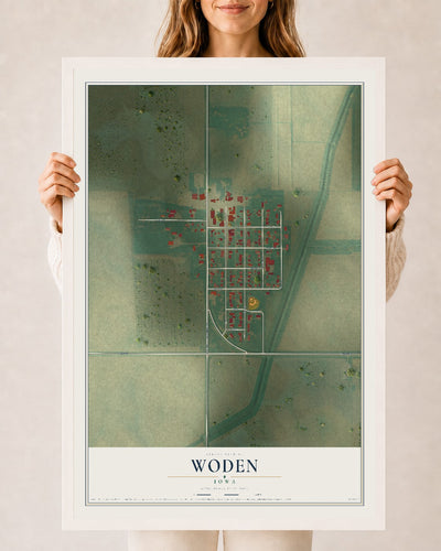 Map of Woden, Iowa, 24 x 36 inch print in a white wood frame