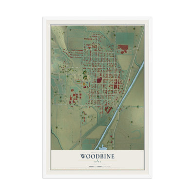 Map of Woodbine, Iowa, 12 x 18 inch print in a white wood frame