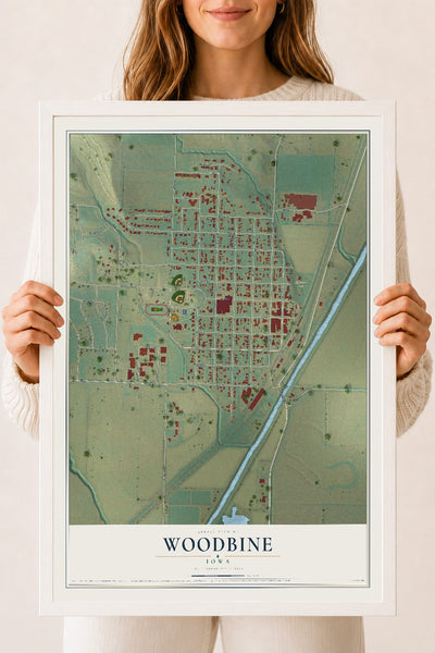 Map of Woodbine, Iowa, 18 x 24 inch print in a white wood frame