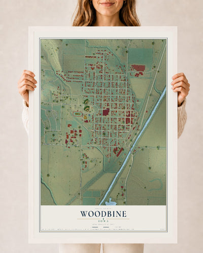 Map of Woodbine, Iowa, 24 x 36 inch print in a white wood frame