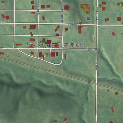 Close-up of the map of Woodburn, Iowa print showing street and building detail