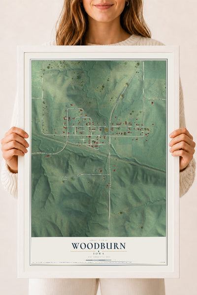 Map of Woodburn, Iowa, 18 x 24 inch print in a white wood frame
