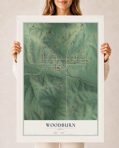 Map of Woodburn, Iowa, 24 x 36 inch print in a white wood frame
