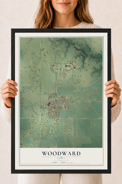 Map of Woodward, Iowa, 18 x 24 inch print in a black wood frame