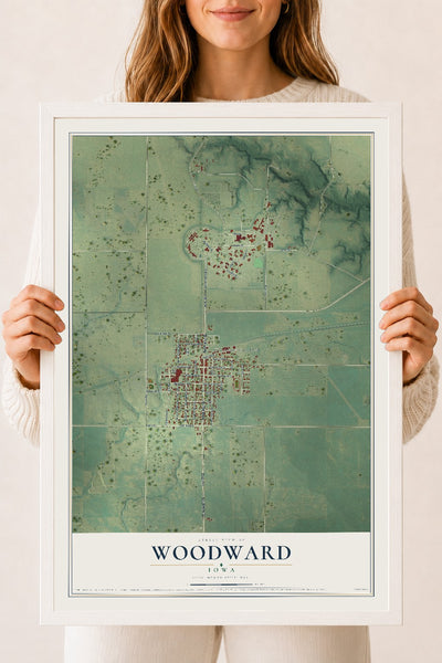 Map of Woodward, Iowa, 18 x 24 inch print in a white wood frame