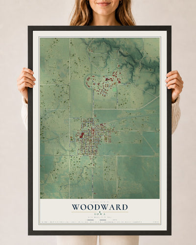 Map of Woodward, Iowa, 24 x 36 inch print in a black wood frame