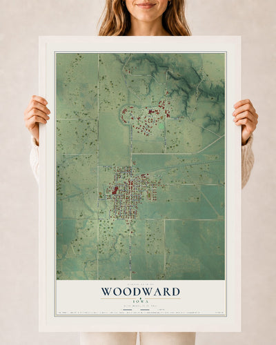 Map of Woodward, Iowa, 24 x 36 inch print in a white wood frame
