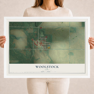 Map of Woolstock, Iowa, 18 x 24 inch print in a white wood frame