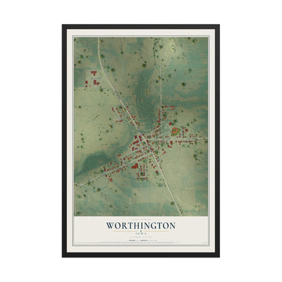 Map of Worthington, Iowa, 12 x 18 inch print in a black wood frame