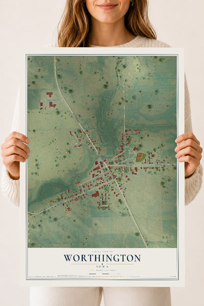 Map of Worthington, Iowa, 18 x 24 inch unframed archival matte print
