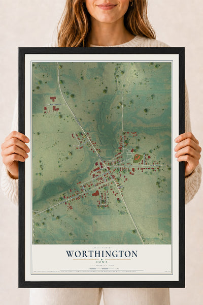 Map of Worthington, Iowa, 18 x 24 inch print in a black wood frame