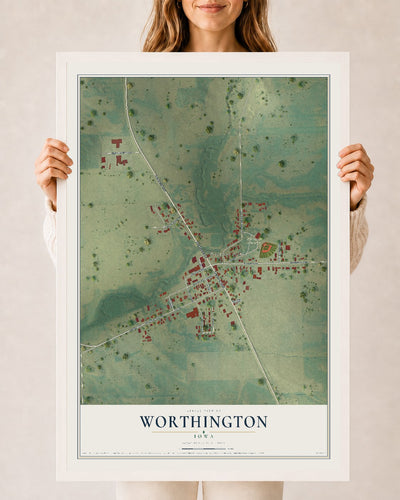 Map of Worthington, Iowa, 24 x 36 inch print in a white wood frame