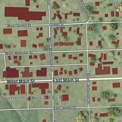 Second close-up of the map of Wyoming, Iowa print showing more streets and buildings
