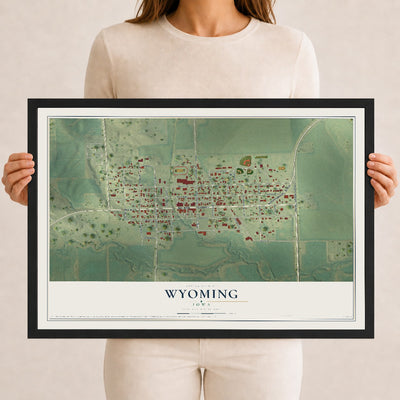 Map of Wyoming, Iowa, 12 x 18 inch print in a black wood frame