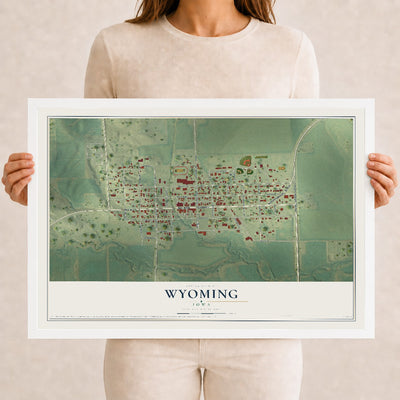 Map of Wyoming, Iowa, 12 x 18 inch print in a white wood frame