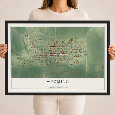 Map of Wyoming, Iowa, 18 x 24 inch print in a black wood frame