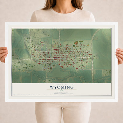 Map of Wyoming, Iowa, 18 x 24 inch print in a white wood frame