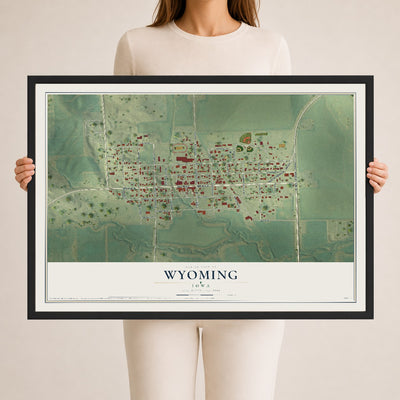 Map of Wyoming, Iowa, 24 x 36 inch print in a black wood frame
