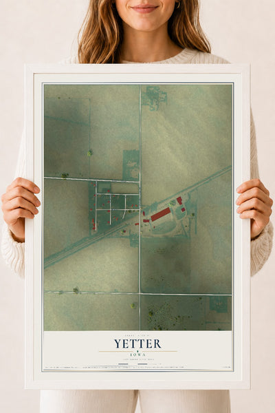 Map of Yetter, Iowa, 18 x 24 inch print in a white wood frame