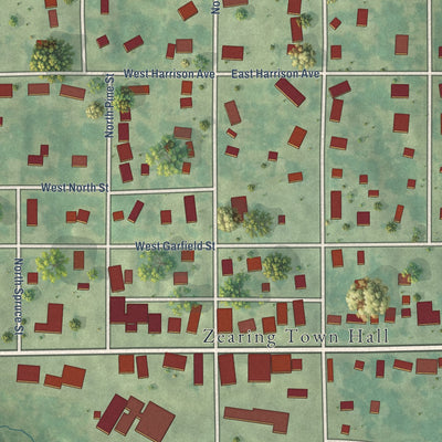 Close-up of the map of Zearing, Iowa print showing street and building detail