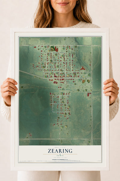 Map of Zearing, Iowa, 18 x 24 inch print in a white wood frame