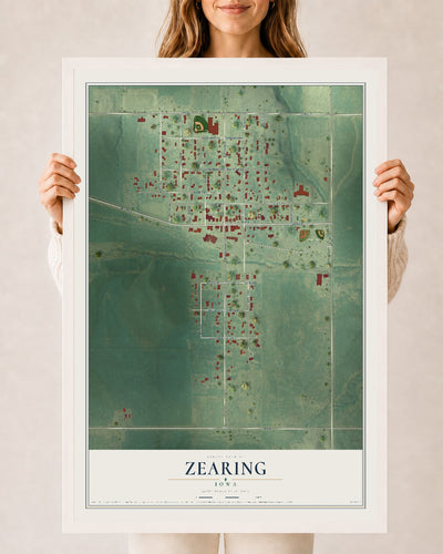Map of Zearing, Iowa, 24 x 36 inch print in a white wood frame