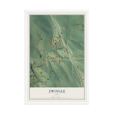 Map of Zwingle, Iowa, 12 x 18 inch print in a white wood frame