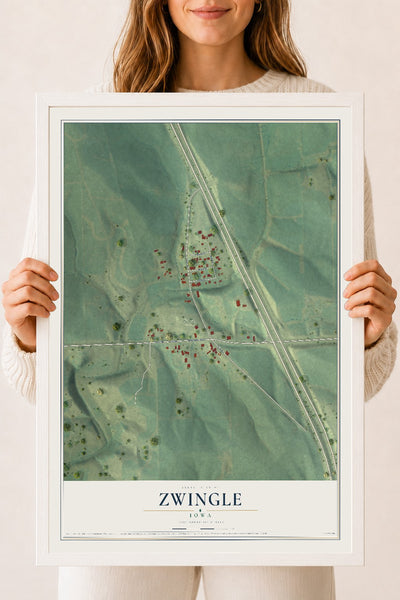 Map of Zwingle, Iowa, 18 x 24 inch print in a white wood frame