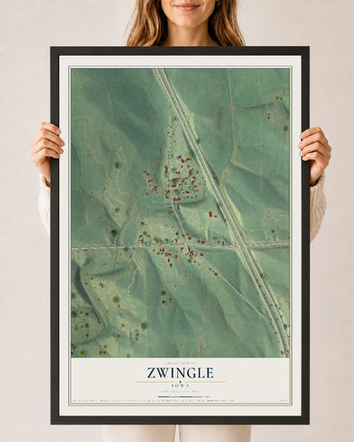 Map of Zwingle, Iowa, 24 x 36 inch print in a black wood frame