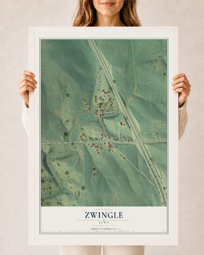 Map of Zwingle, Iowa, 24 x 36 inch print in a white wood frame