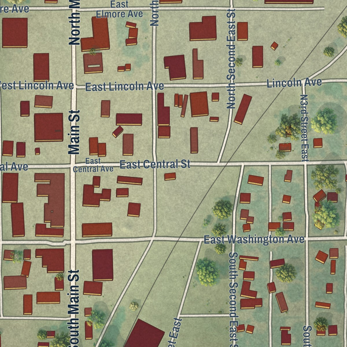 Close-up of the map of Aberdeen, Idaho print showing street and building detail