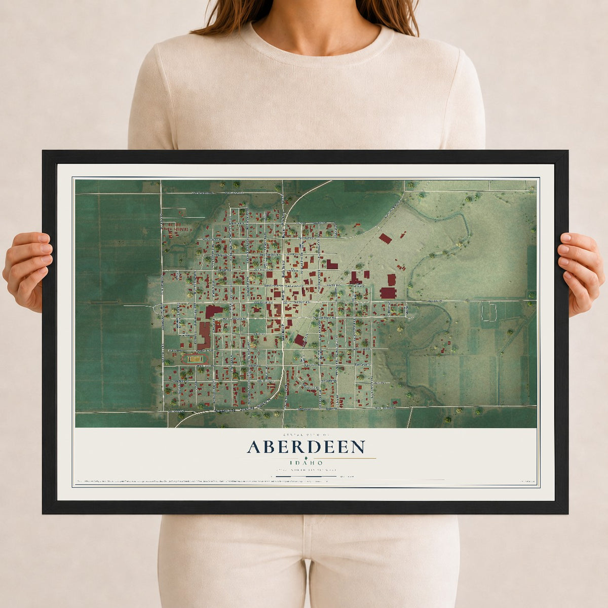 Map of Aberdeen, Idaho, 12 x 18 inch print in a black wood frame