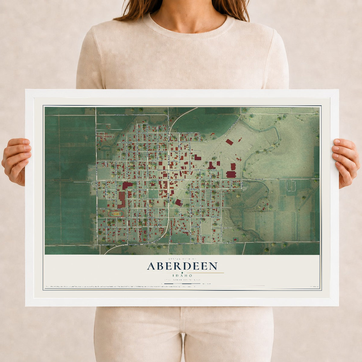 Map of Aberdeen, Idaho, 12 x 18 inch print in a white wood frame