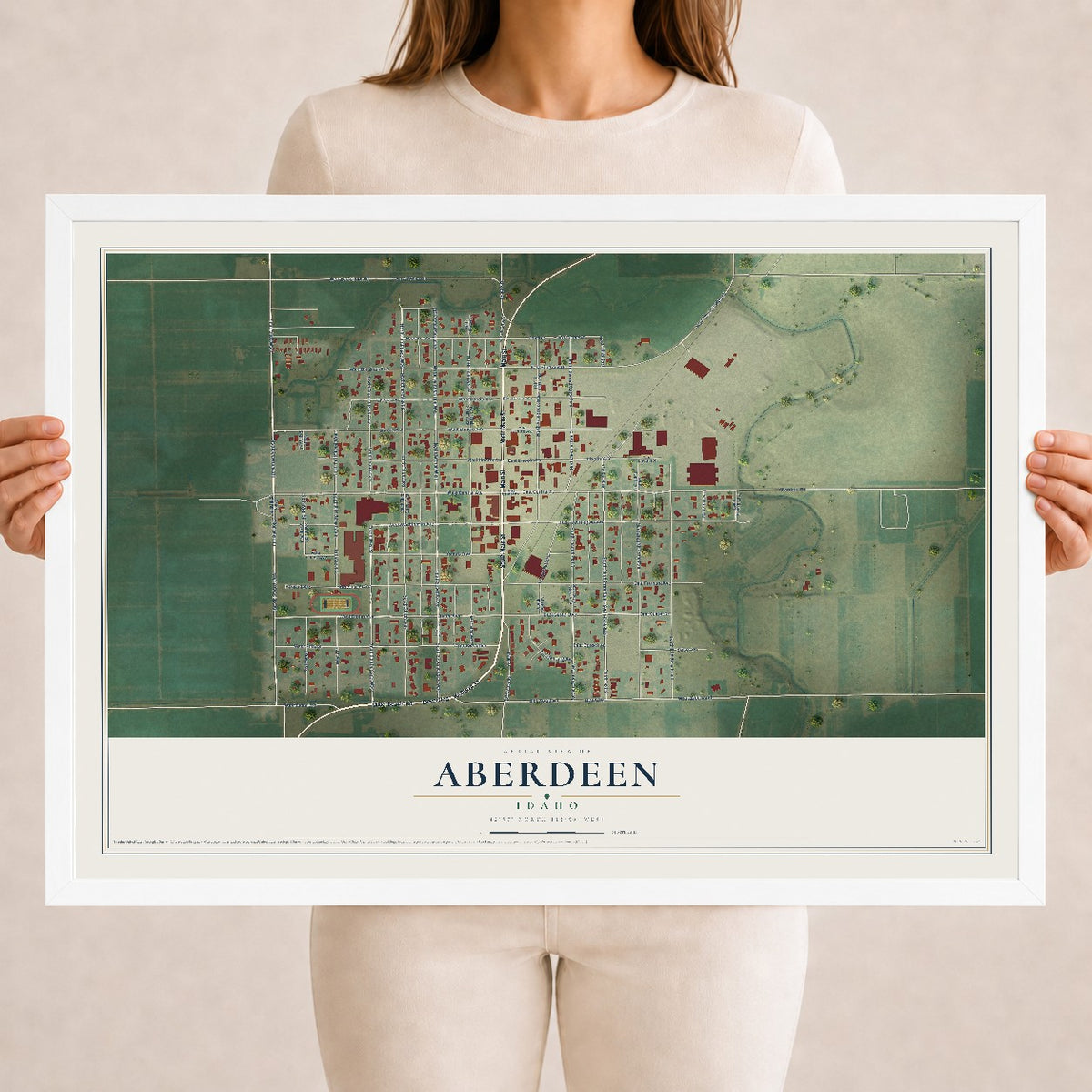 Map of Aberdeen, Idaho, 18 x 24 inch print in a white wood frame