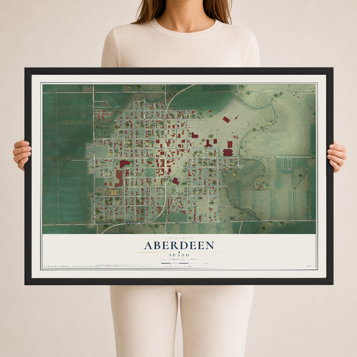 Map of Aberdeen, Idaho, 24 x 36 inch print in a black wood frame